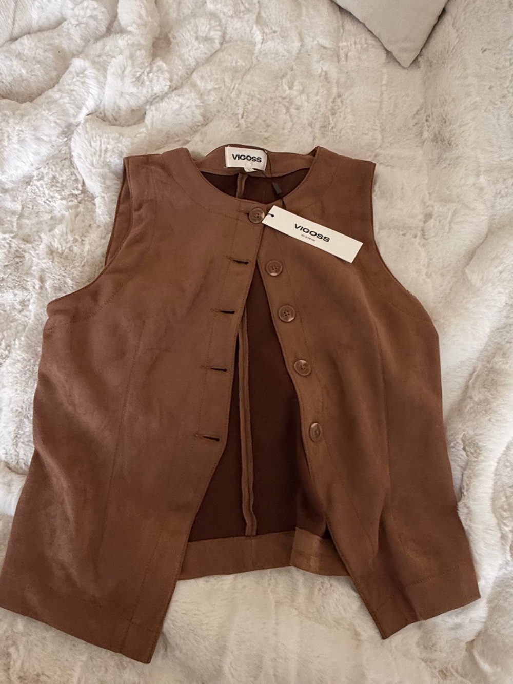 VIGOSS Tan Brown Sleeveless Button-Front Leather Vest
